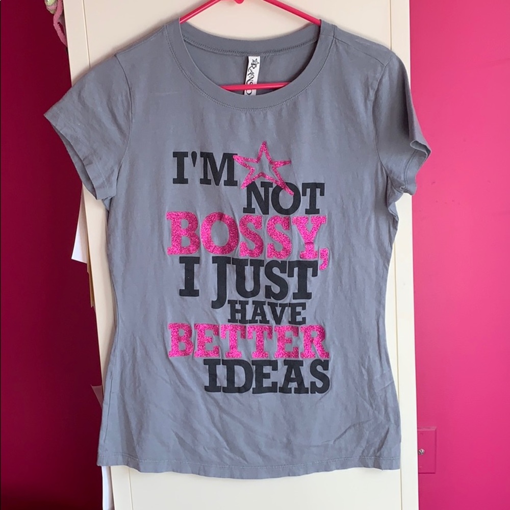 Gray tee with black & sparkly pink writing